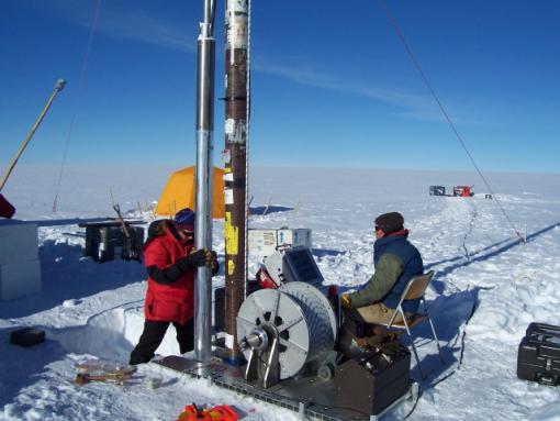 Ice Coring - Scientists extracted a 100-meter-long ice core in Greenland to measure how fossil fuel burning of industrial times has disrupted the global nitrogen cycle. At left is Meredith Hastings of Brown University, the lead author of the study, accompanied by Bella Bergeron from Ice Coring and Drilling Services.
